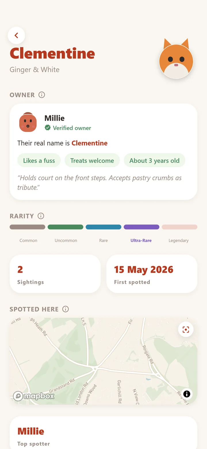 Clementine's page: a verified owner card reading “Holds court on the front steps”, an Ultra-Rare rarity meter, two sightings, and a map of where she has been seen.